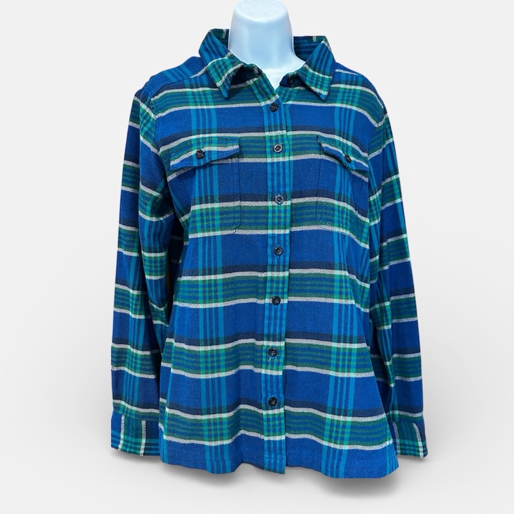 Patagonia Fjord Organic Cotton‎ Blue Plaid Flannel Button Down Shirt. Women’s 10